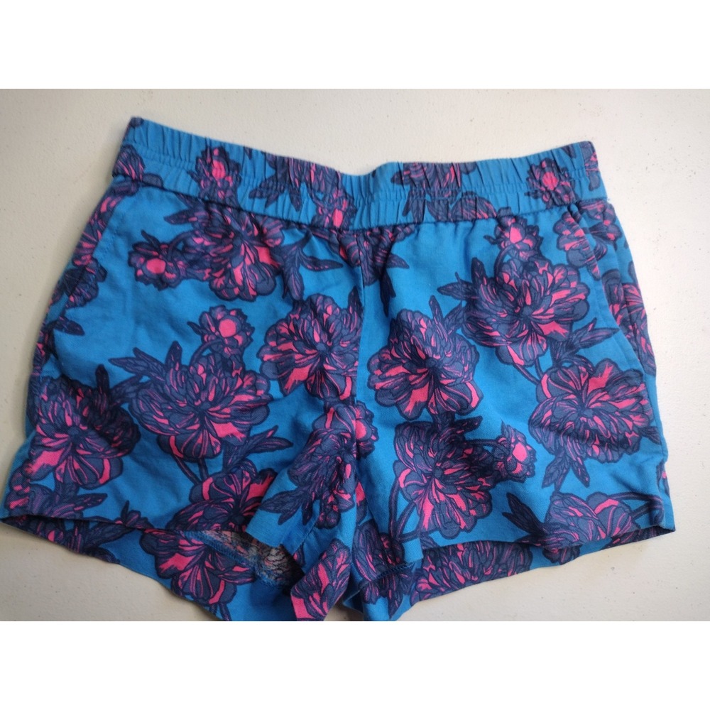 J.Crew Womens Blue Pink Floral Linen Cotton Shorts Size 00 Elastic Waist